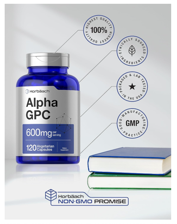 Alpha GPC 600mg Horbäach  | 120 Cápsulas | Sin OMG y Sin Gluten | Apoya la Memoria, La Concentración y La Claridad