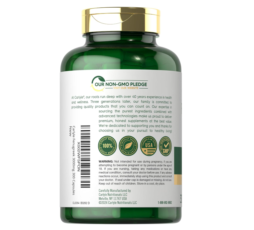 Fenogreco Carlyle | 300 Cápsulas | Sin OMG y Sin Gluten