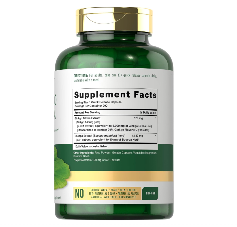Ginkgo Biloba Carlyle  | 200 Cápsulas | Con Extracto de Bacopa | Sin OMG y Sin Gluten