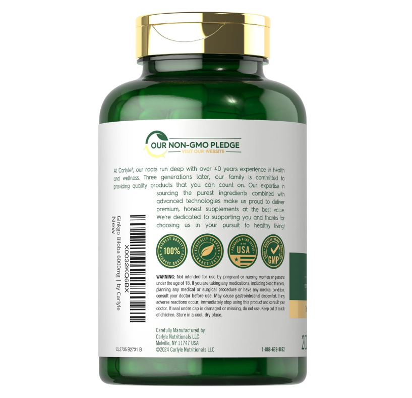 Ginkgo Biloba Carlyle  | 200 Cápsulas | Con Extracto de Bacopa | Sin OMG y Sin Gluten