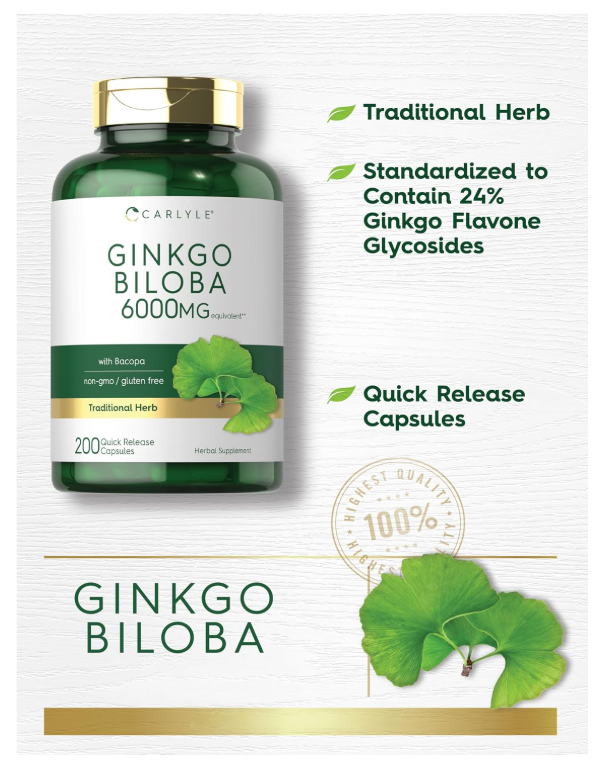 Ginkgo Biloba Carlyle  | 200 Cápsulas | Con Extracto de Bacopa | Sin OMG y Sin Gluten
