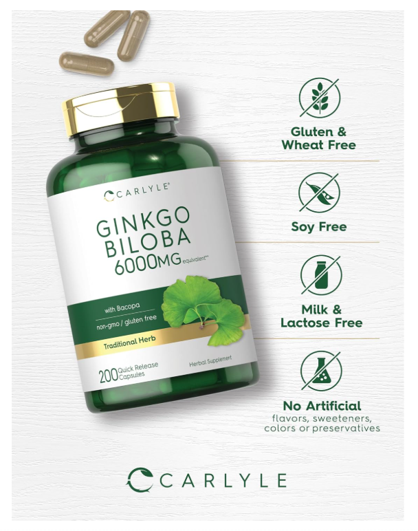 Ginkgo Biloba Carlyle  | 200 Cápsulas | Con Extracto de Bacopa | Sin OMG y Sin Gluten