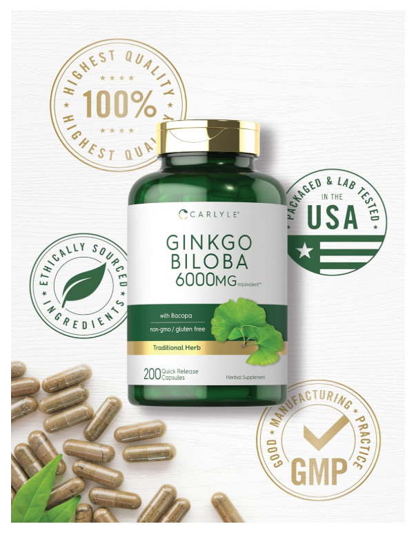 Ginkgo Biloba Carlyle  | 200 Cápsulas | Con Extracto de Bacopa | Sin OMG y Sin Gluten