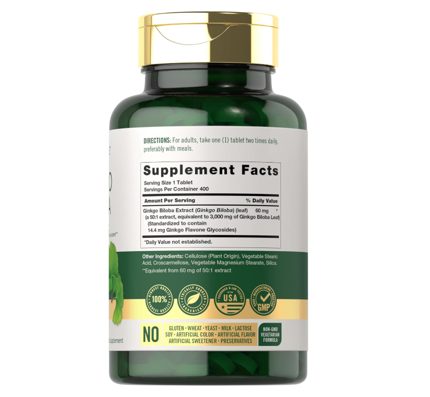 Ginkgo Biloba Carlyle  | 3000mg | 400 Tabletas | Sin OMG, Sin Gluten