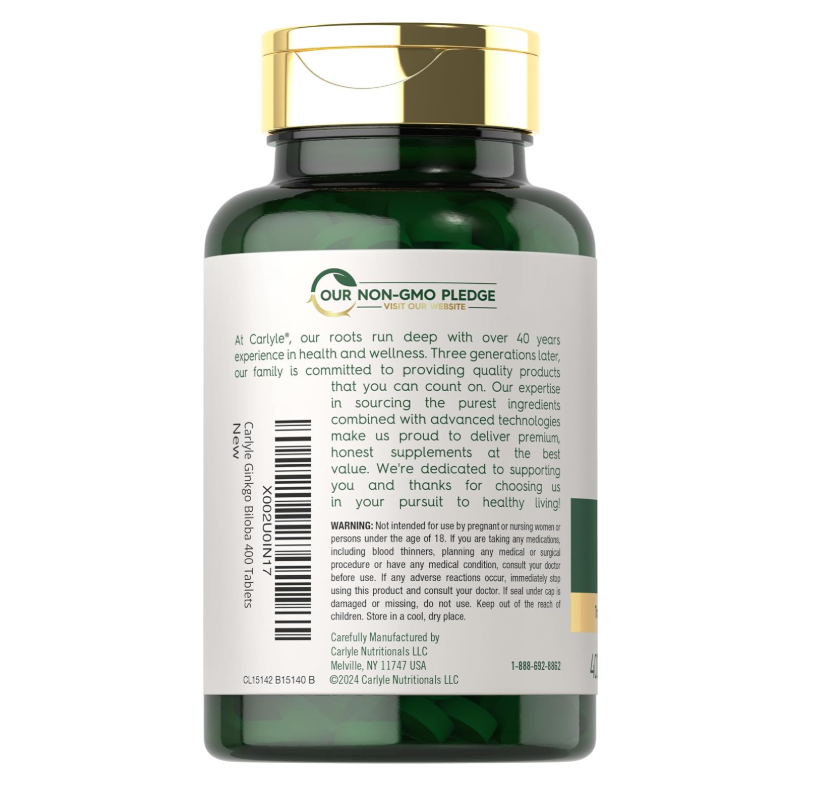 Ginkgo Biloba Carlyle  | 3000mg | 400 Tabletas | Sin OMG, Sin Gluten