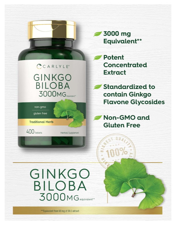 Ginkgo Biloba Carlyle  | 3000mg | 400 Tabletas | Sin OMG, Sin Gluten