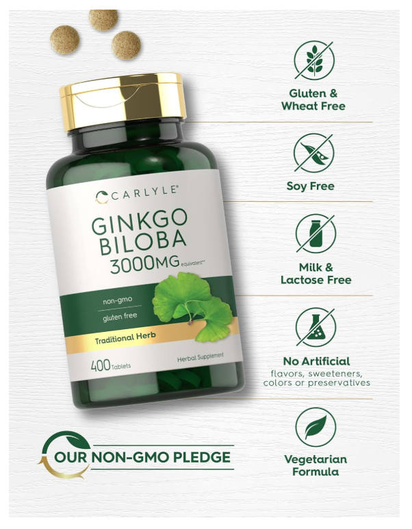Ginkgo Biloba Carlyle  | 3000mg | 400 Tabletas | Sin OMG, Sin Gluten