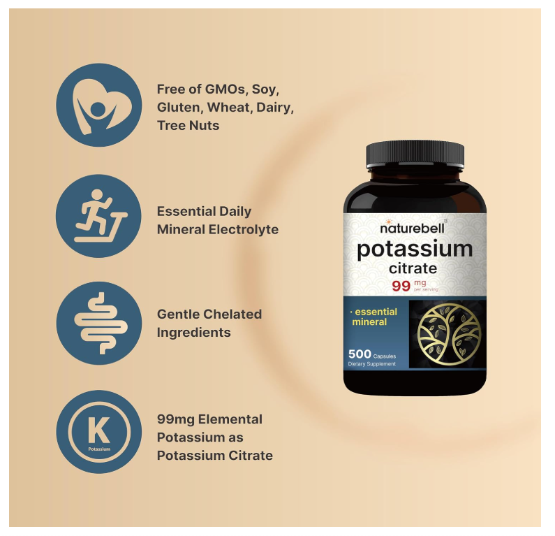 Citrato de potasio NatureBell | 99 mg | 500 Cápsulas | Sin OMG, Sin Gluten