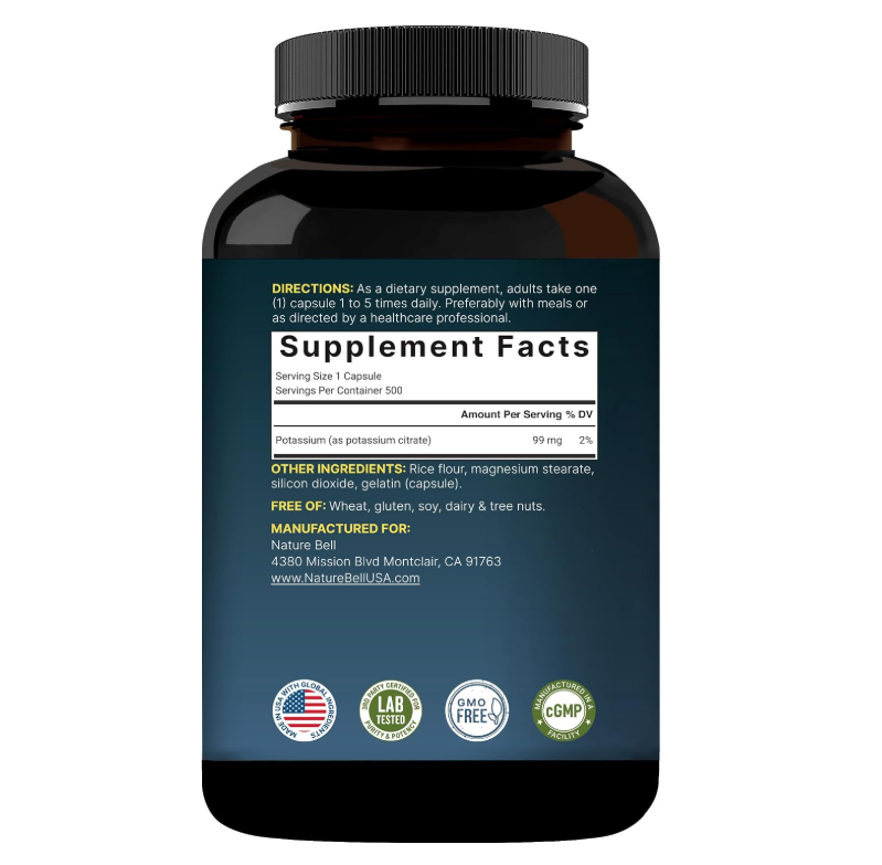 Citrato de potasio NatureBell | 99 mg | 500 Cápsulas | Sin OMG, Sin Gluten