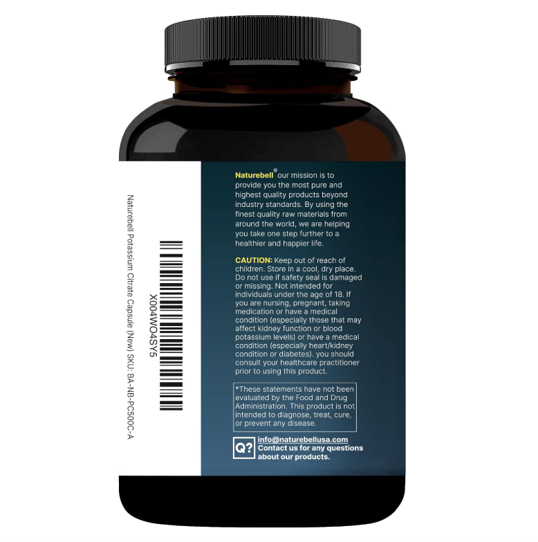 Citrato de potasio NatureBell | 99 mg | 500 Cápsulas | Sin OMG, Sin Gluten
