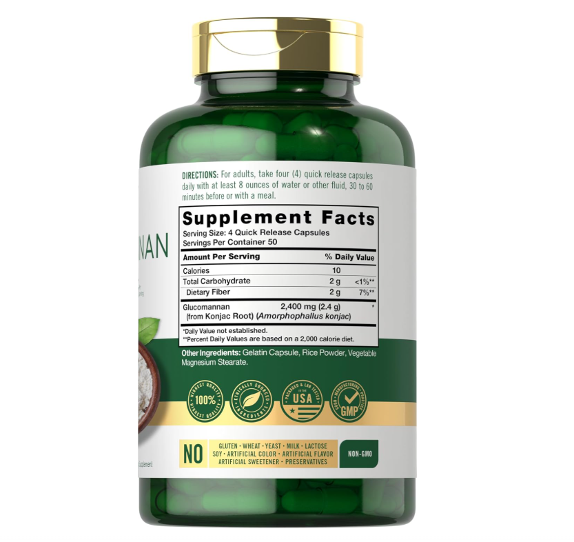 Glucomanano 2400mg Carlyle | 200 Cápsulas | Sin OMG, Sin Gluten