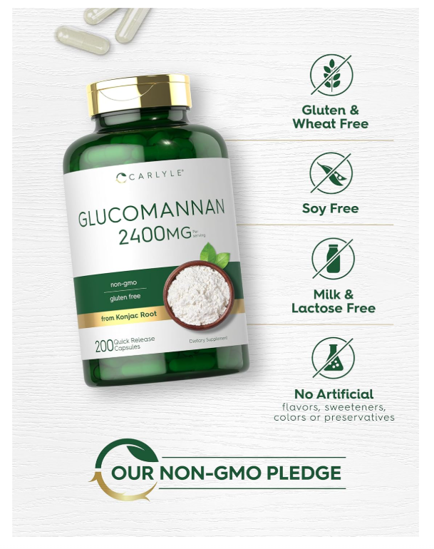 Glucomanano 2400mg Carlyle | 200 Cápsulas | Sin OMG, Sin Gluten