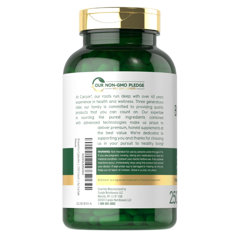 Boswellia Serrata Carlyle | 250 Cápsulas | Complejo con Pimienta Negra | Sin OMG, Sin gluten