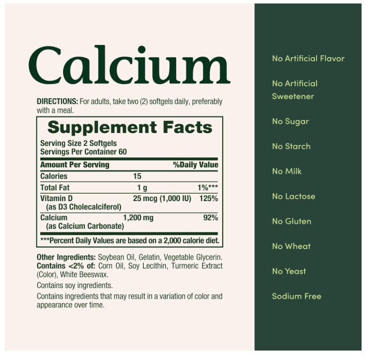 Calcio 1200mg Nature’s Bounty | 120 Softgels | Sin OMG, Sin Gluten