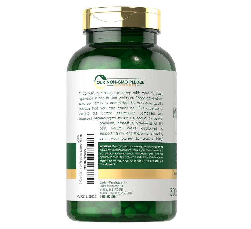 Hongos Reishi 5000mg Carlyle  | 300 Cápsulas | Sin OMG y Sin Gluten