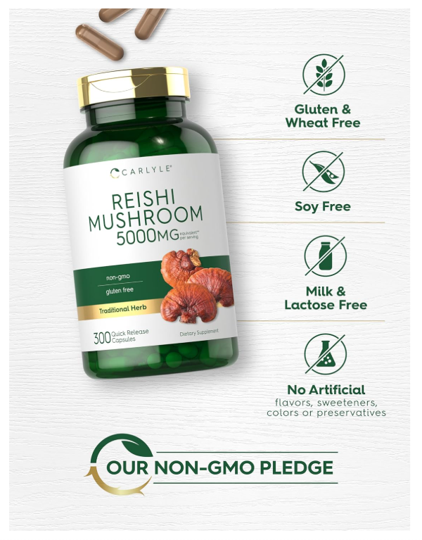 Hongos Reishi 5000mg Carlyle  | 300 Cápsulas | Sin OMG y Sin Gluten