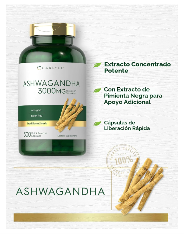 Ashwagandha Carlyle | 3000mg | 300 Cápsulas | Sin gluten, Sin OMG