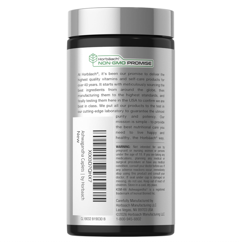 KSM-66 Ashwagandha Horbäach | Con L-teanina | 60 Cápsulas | Sin OMG, Sin Gluten