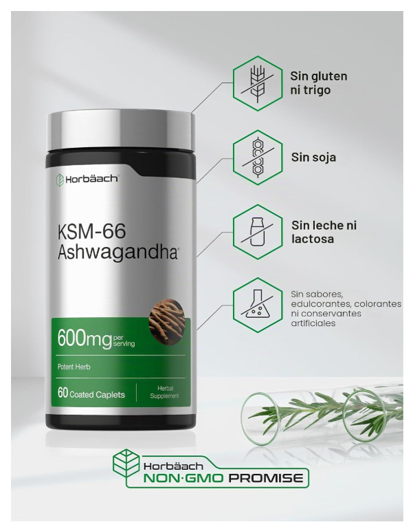 KSM-66 Ashwagandha Horbäach | Con L-teanina | 60 Cápsulas | Sin OMG, Sin Gluten