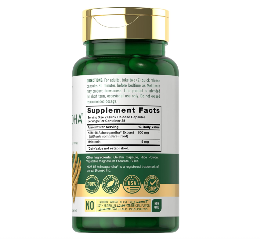 KSM-66 Ashwagandha Carlyle  600mg | 70 Cápsulas | Con Melatonina 5mg | Sin OMG, Sin Gluten