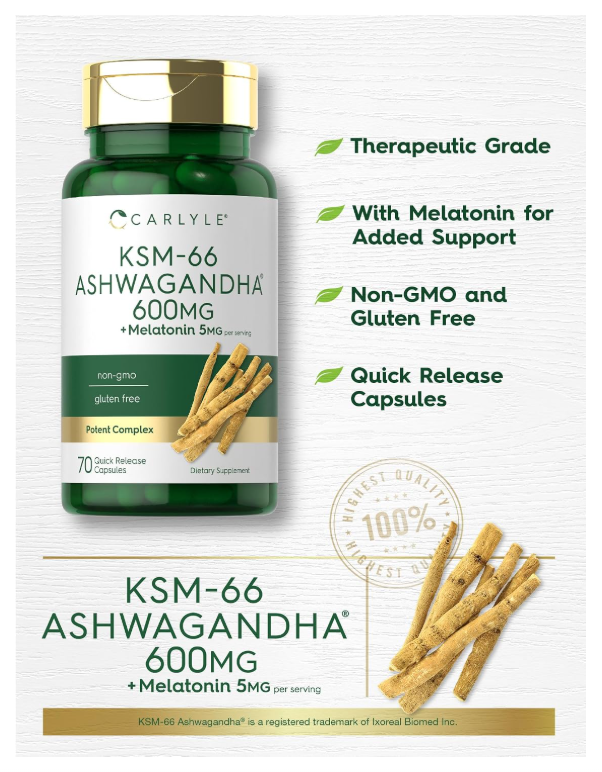 KSM-66 Ashwagandha Carlyle  600mg | 70 Cápsulas | Con Melatonina 5mg | Sin OMG, Sin Gluten