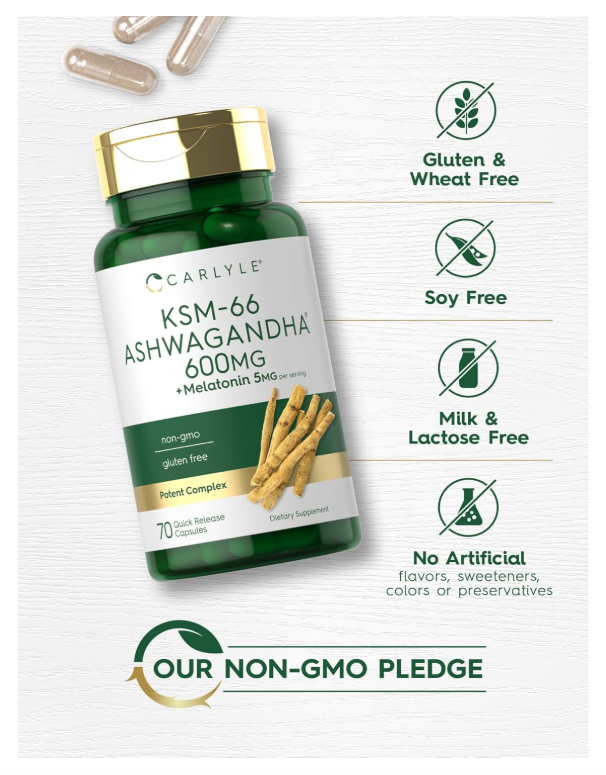 KSM-66 Ashwagandha Carlyle  600mg | 70 Cápsulas | Con Melatonina 5mg | Sin OMG, Sin Gluten