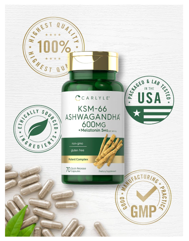 KSM-66 Ashwagandha Carlyle  600mg | 70 Cápsulas | Con Melatonina 5mg | Sin OMG, Sin Gluten