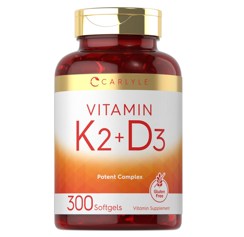 Vitamina K2 + D3 Carlyle | 300 Cápsulas blandas | 200 mcg K2 MK7 y 10,000 UI D3 | Sin GMO, Sin Gluten