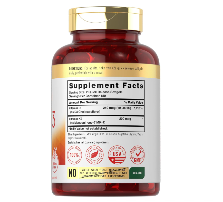 Vitamina K2 + D3 Carlyle | 300 Cápsulas blandas | 200 mcg K2 MK7 y 10,000 UI D3 | Sin GMO, Sin Gluten