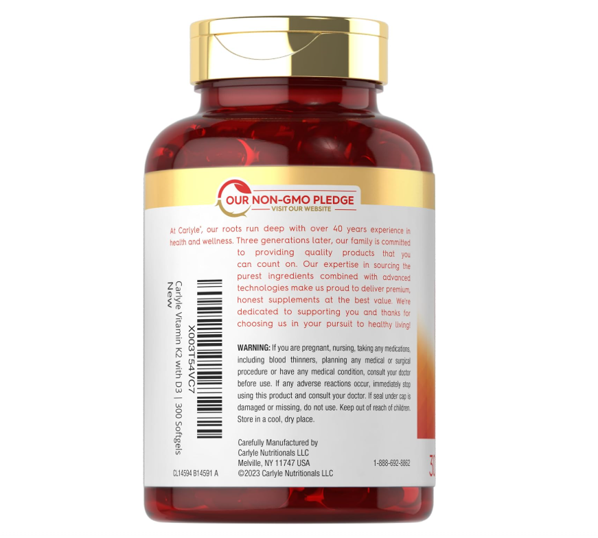 Vitamina K2 + D3 Carlyle | 300 Cápsulas blandas | 200 mcg K2 MK7 y 10,000 UI D3 | Sin GMO, Sin Gluten