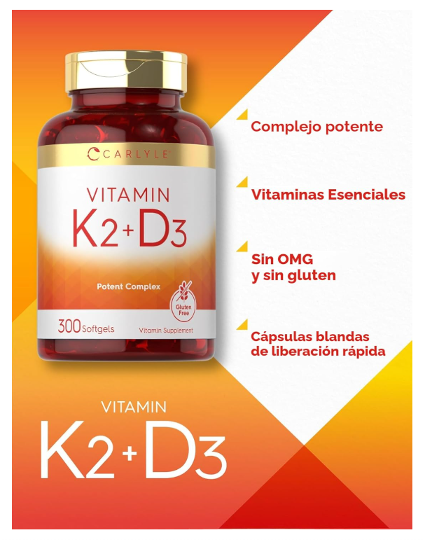 Vitamina K2 + D3 Carlyle | 300 Cápsulas blandas | 200 mcg K2 MK7 y 10,000 UI D3 | Sin GMO, Sin Gluten
