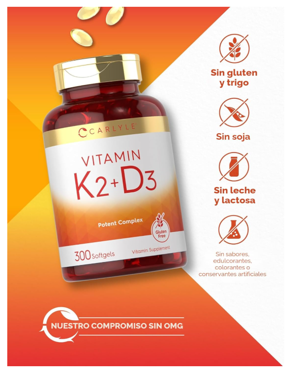 Vitamina K2 + D3 Carlyle | 300 Cápsulas blandas | 200 mcg K2 MK7 y 10,000 UI D3 | Sin GMO, Sin Gluten