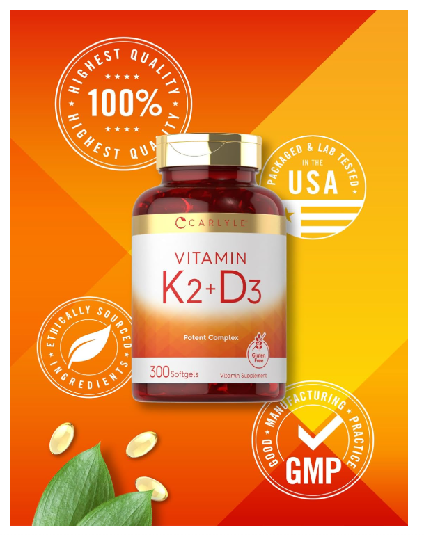Vitamina K2 + D3 Carlyle | 300 Cápsulas blandas | 200 mcg K2 MK7 y 10,000 UI D3 | Sin GMO, Sin Gluten