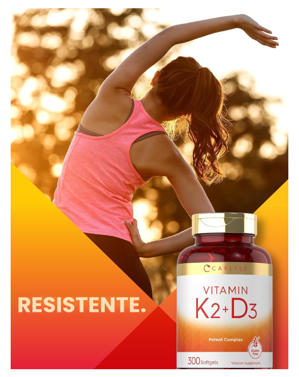 Vitamina K2 + D3 Carlyle | 300 Cápsulas blandas | 200 mcg K2 MK7 y 10,000 UI D3 | Sin GMO, Sin Gluten