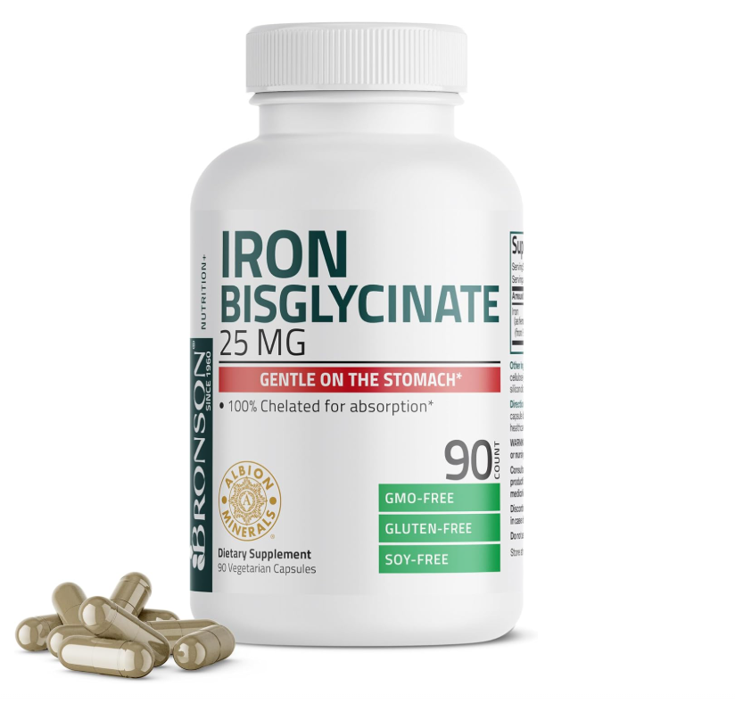 Bisglicinato de Hierro Bronson | 25 mg Suave para el Estómago | Sin OGM | 90 Cápsulas Vegetarianas
