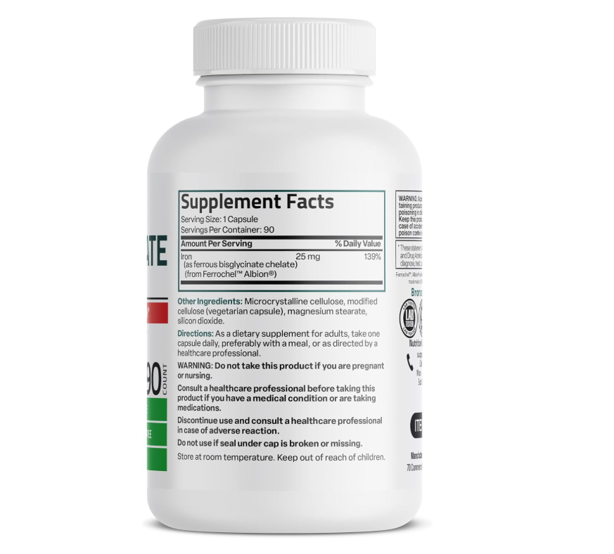 Bisglicinato de Hierro Bronson | 25 mg Suave para el Estómago | Sin OGM | 90 Cápsulas Vegetarianas