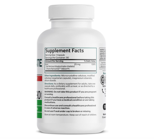 Bisglicinato de Hierro Bronson | 25 mg Suave para el Estómago | Sin OGM | 90 Cápsulas Vegetarianas