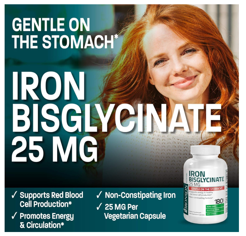 Bisglicinato de Hierro Bronson | 25 mg Suave para el Estómago | Sin OGM | 90 Cápsulas Vegetarianas
