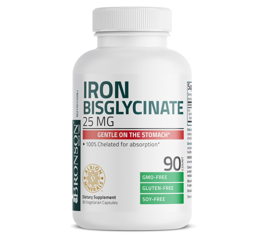 Bisglicinato de Hierro Bronson | 25 mg Suave para el Estómago | Sin OGM | 90 Cápsulas Vegetarianas