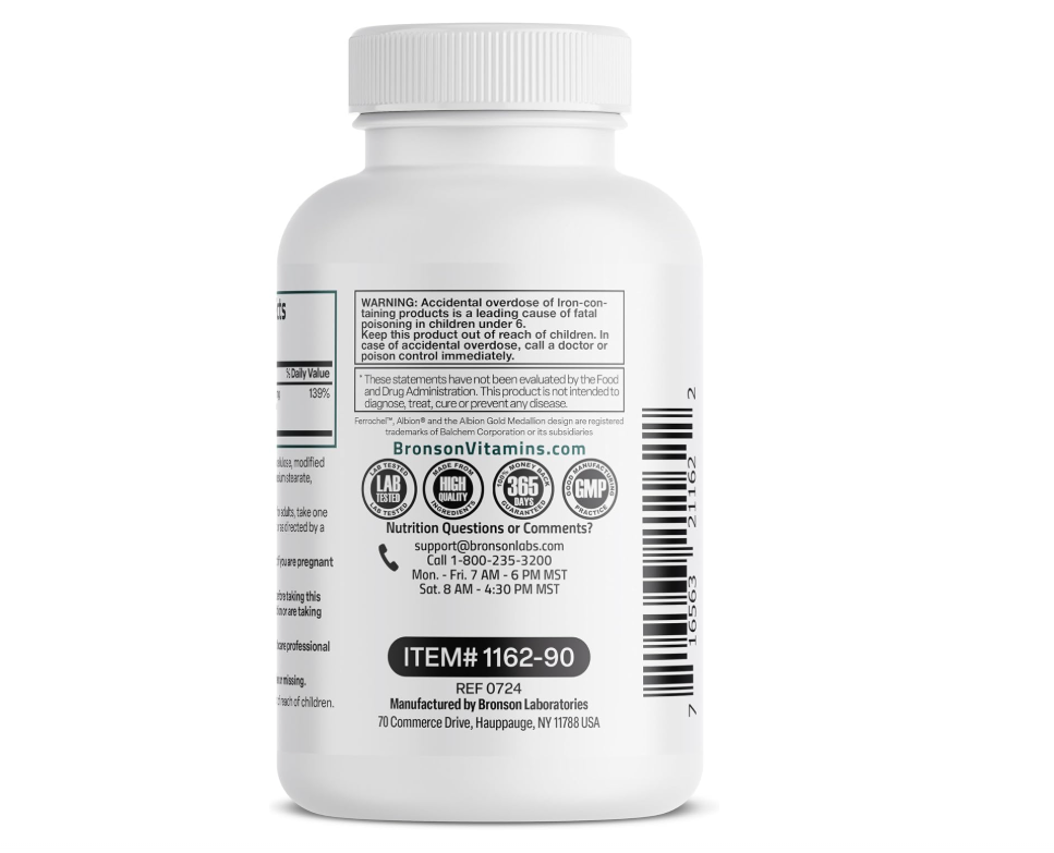 Bisglicinato de Hierro Bronson | 25 mg Suave para el Estómago | Sin OGM | 90 Cápsulas Vegetarianas