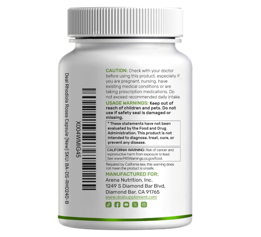 Rhodiola Rosea con Ashwagandha | 240 Cápsulas | Extracto de raíz 10:1 de máxima potencia