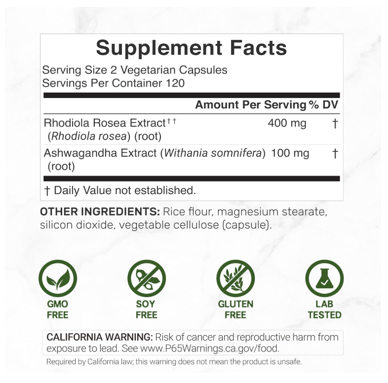 Rhodiola Rosea con Ashwagandha | 240 Cápsulas | Extracto de raíz 10:1 de máxima potencia